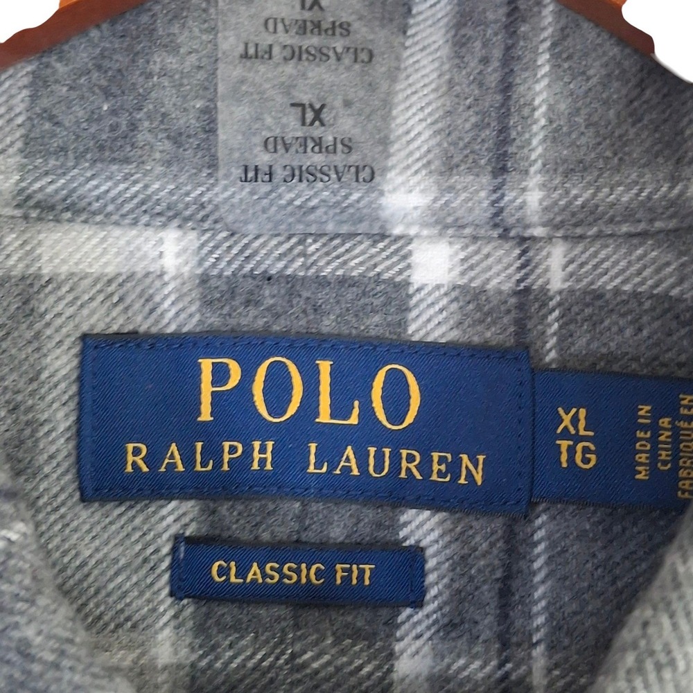 Polo Ralph Lauren Flannel Shirt Mens XL Grey Plaid Classic Fit Cotton - Picture 5 of 10